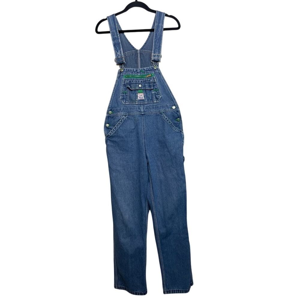 Vintage Lady Liberty Blue Denim Overalls Size 8 Tall 100% Cotton Green Trim
